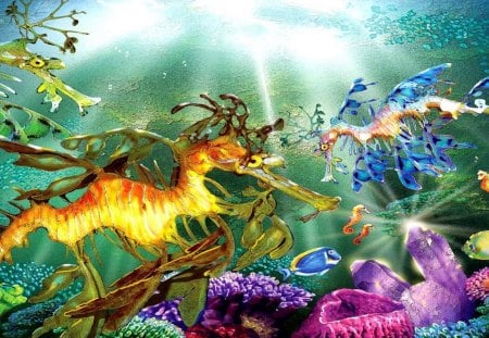 Dragons of the Sea - colors, leafy, sea, dragons