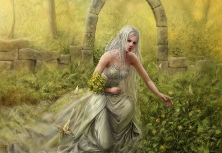 Elf In Her Garden - elf, trees, wall, flowers, garden, fantasy, archway, butterflies