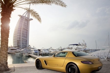 mercedes benz sls amg - marina, hotel, car, gold