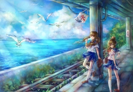 ~The Old Train Station~ - girls, anime, birds, railroad, train station, students, ocean