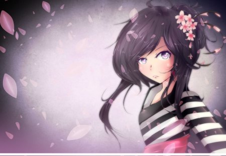 White Stripes & Pink Petals - pretty, petals, flowers, anime, girl