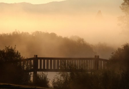 Bridge at Mist - water, nature, landscape, morning, sun, sky