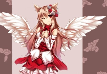 ~Forbidden Immortality~ - flowers, anime, animal ears, wings, dress, girl, angel, red eyes