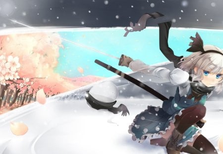 ~Youmu Konpaku~ - lake, girl, water, scarf, youmu konpaku, touhou, snow, anime, sword, cherry blossoms