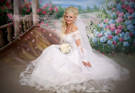 Princess Roselbell - princess, beauty, photography, roselbell rafferr, bride, studio, wedding dress, model, white, white roses, pretty, lace, pink roses, girl, fashion, dior, pornovias, elie saab, wedding bouquet, femininity, beautiful, pink, fairy tale, flowers, blonde