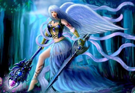 SWORD ANGEL - trees, forest, angel, wings, sword, fantasy, staff