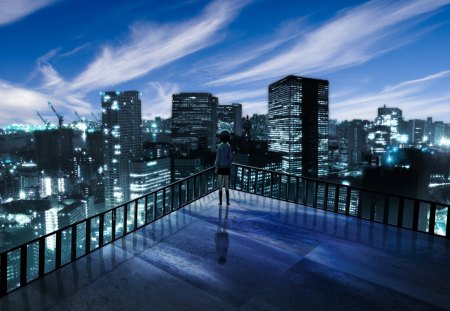 Night City - pretty, anime, scenery, town, blue, scene, night, light, dark, view, sparks, nice, sky, house, beautiful, city, scenic, beauty, lovely, sweet, black, cloud, building, anime city