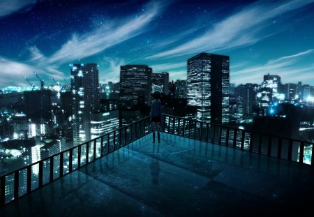 Night City - pretty, star, anime, town city, scenery, town, blue, scene, night, light, dark, view, sparks, nice, sky, house, beautiful, city, scenic, beauty, lovely, sweet, black, cloud, building, anime city