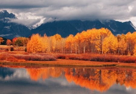 Autumn reflection - natue, sky clouds, reflection, autunm, lakes, mountain, tree