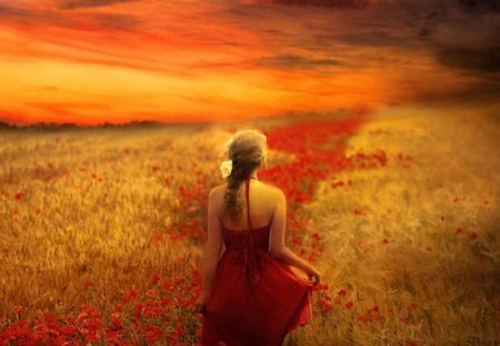 Girl in fields - red, sky, fields, girl, art