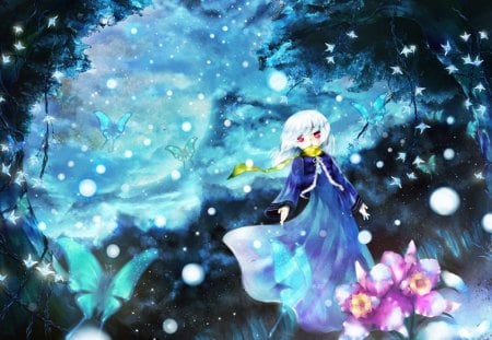 Anime girl - sky, girl, night, winter, wings, black, spring, white, butterfly, pink, snow, blue, anime, flower