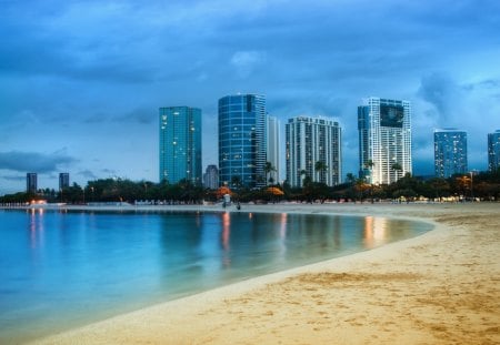 city beach in early morning - morning, clouds, beach, city, sea