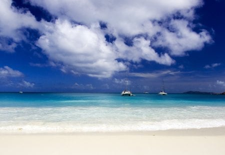 Blue dream - cloud, water, aqua, boat, beach, ship, ocean, blue, sand, white, sky, dream, sea, nature