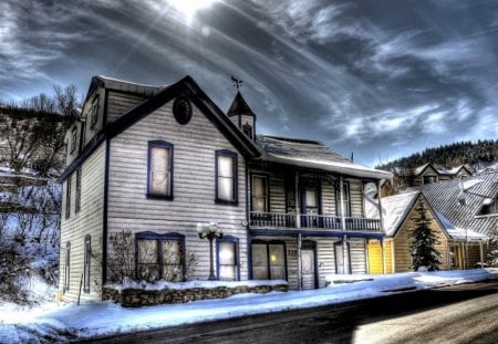 lovely town on hills in winter hdr - street, winter, clouds, town hills, hdr