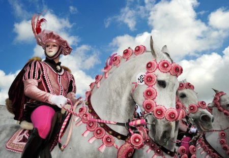 Carnival - Sardinia - sardinia, blue, flower, pink, man, horse, black, white, animal, mask, cloud, italy, sky, carnival