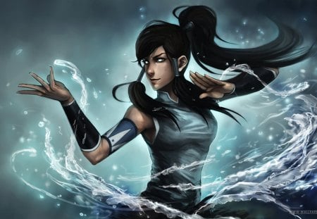 Kora's River - avatar, anime, graceful, water, blue, black hair, bending, kora