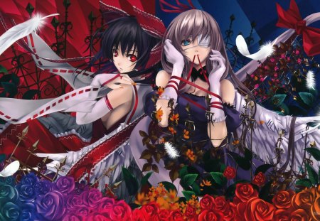 Tied by a Red String - feather, red, delicate, purple, magical, beautiful, priestess, white, string, roses, eyepatch, lolita, fate