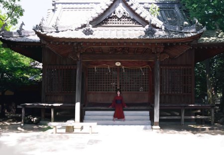 You Have Arrived - sacred, trees, red, beautiful, anime, priestess, temple