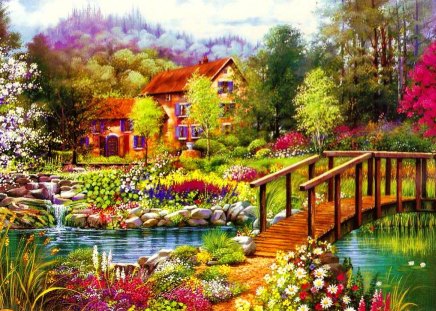 Floral paradise - nice, paradise, countryside, colorful, painting, quiet, pretty, river, bridge, garden, pond, park, summer, lovely, village, floral, beautiful, flowers