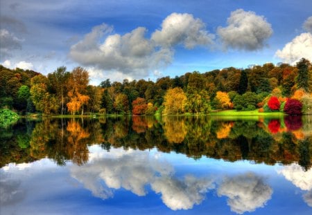 Reflection - clouds, trees, water, autumn colors, landscape, reflection, nature, autumn, lake, sky