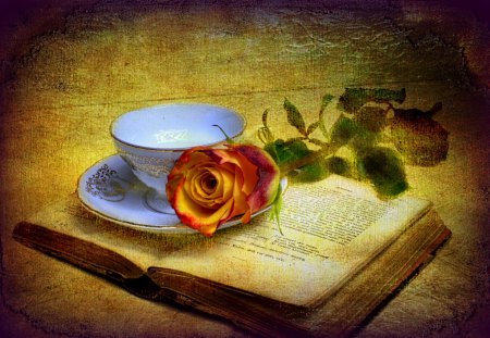 Rose and old book - nice, morning, pages, coffee, book, rose, lovely, still life, cup, pretty, petals, beautiful, leaves, flowers, old