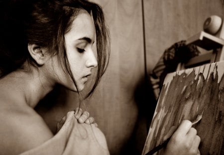 Painting Girl - painting girl, sepia, paint, woman