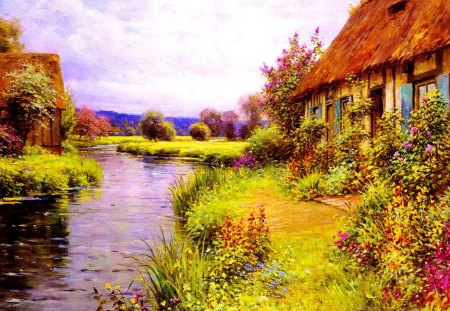 A bend in the river - nice, cottage, sky, bend, water, stream, countryside, greenery, painting, pretty, reflection, river, house, grass, summer, lovely, nature, village, beautiful, flowers, cabin