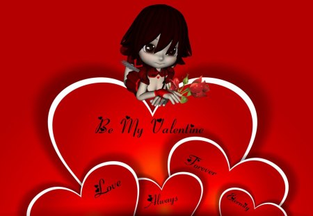 Heart of My Heart - whimsical, elf, girl, valentine, rose, abstract, hearts, red, valentines day, sweet, fairy, cute, flower