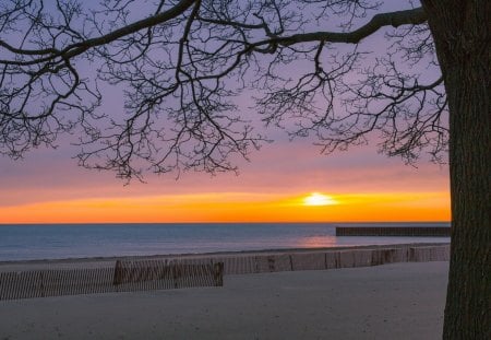 sunsets - oceans, sunsets, fences, beach