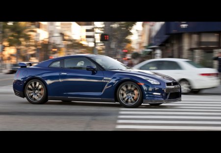 blue gtr on street - speed, road, street, car