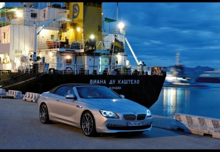 bmw 6 series in harbour - ship, car, road, bmw