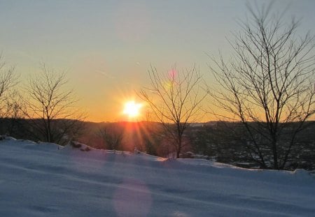 Winter Evening Shadows in the Sunset - februrary, winter, sunset, nature, snow, field, sun, sky