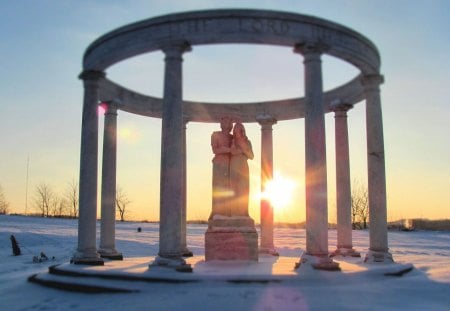 The Couple in the Winter Shadows of Sunset - love, sky, statue, couple, shadows, cuddle, winter, valentine, sunset, snuggle, nature, februrary, together, snow, architecture