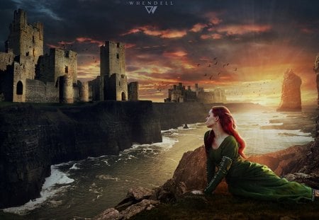 Sunset in The Realm - fantasy, sunset, woman, castle