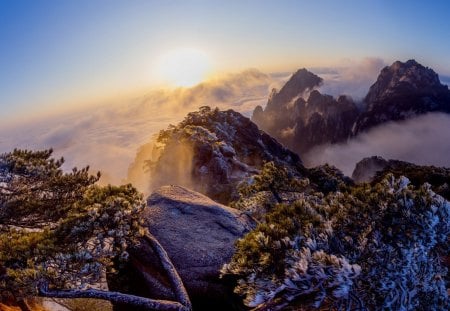 Sunset rocks - sunset, plants, clouds, rocks