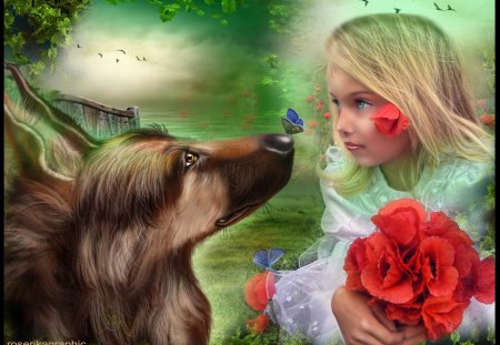 Girl with a Dog - girl, fantasy, painting, butterfly, red, beautiful, dog, flowers, flower, birds