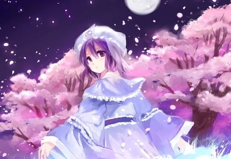 Beatiful Moon - anime, moon, girl, cherry blossoms