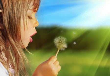 Blowing dandelion - sunrays, summer, girl, dandelion, blowing