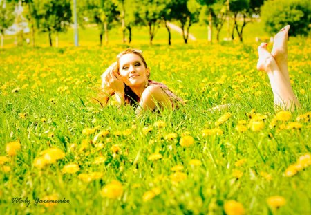 Posing in a dandelion field - summer, dandelion, field, summerday, woman