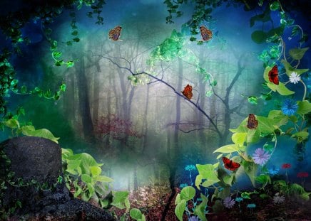 ..GREEN WOODS.. - love four seasons, rocks, flying, beautiful, flowers, premade bg, butterfly designs, butterflies, forests, creative pre-made, lovely, woods, trees, colors, colorful