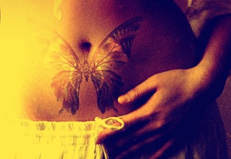 Butterfly - woman, tattoo, butterfly, belly