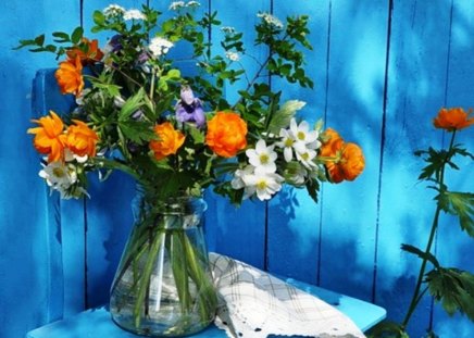 Vase with flowers in blue background - summer, flowers, vase, still life, blue, garden, white, background, natural, orange, nature, green