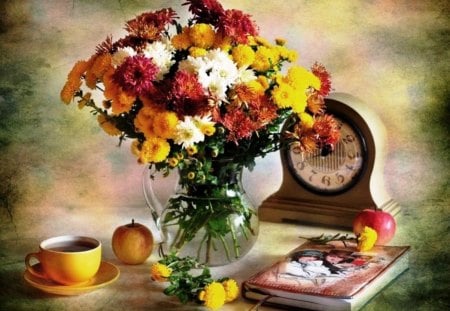 Multicolored chrysanthemums in vase - chrysanthemums, abstract, multicolored, book, photography, clock, vaze, still life, tea time, flowers, colorful, apples, fruits, cup