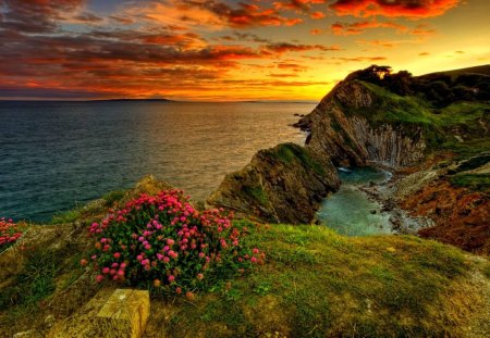 SUNSET VIEW - sky, cove, rock, clouds, ocean