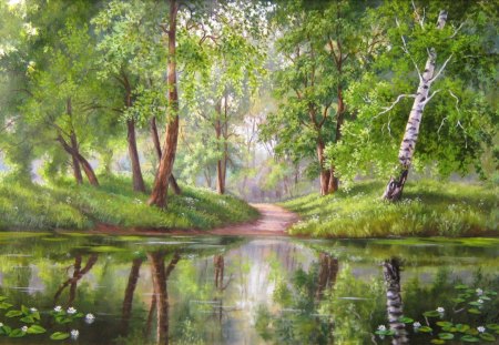 Forest mirror - painting, forest, art, wallpaper, other