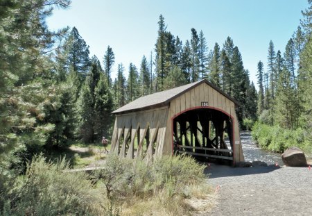 Covered Bridge - nature, trees, landscape, river, path