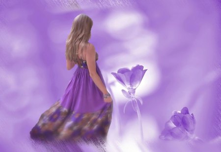 I am Happy in my Purple World - woman, purple, photoshop, flowers, dress, world