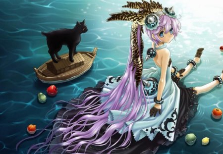 Cute Witch - long hair, water, cat, orginal, girl