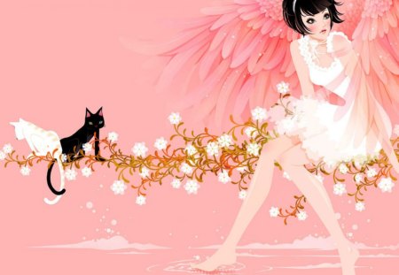 **PINK ANGEL and KITTEN** - animals, eyes, hair, wings, colorful, illustration, other, face, white, art, cool, artistic, vector, cartoon, kitten, chic, pink, beautiful, sweet, lips, kittens, black, anime, paintings, cute, love, cat, lovely, cg, cats, digital, colors, flowers