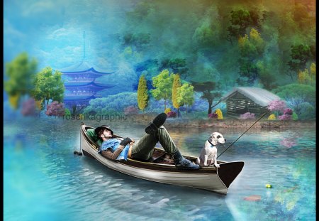 Tranquil - lake, man, dog, fantasy, boat